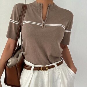 Tan Fitted Ribbed Polo T-Shirt